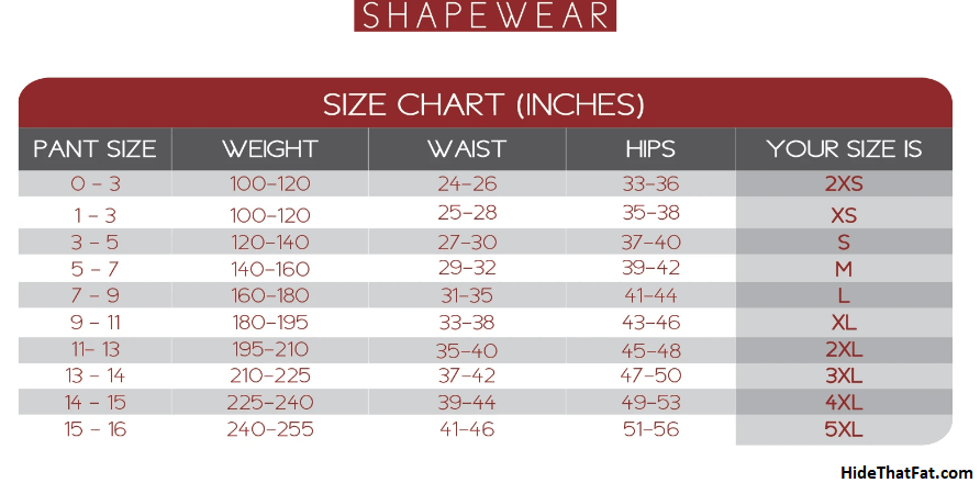 shapewear size chart